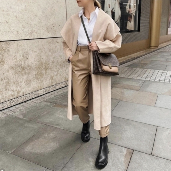 Zara Faux Leather Tan Trouser Pants Contemporary Modern Minimalist - Picture 4 of 9